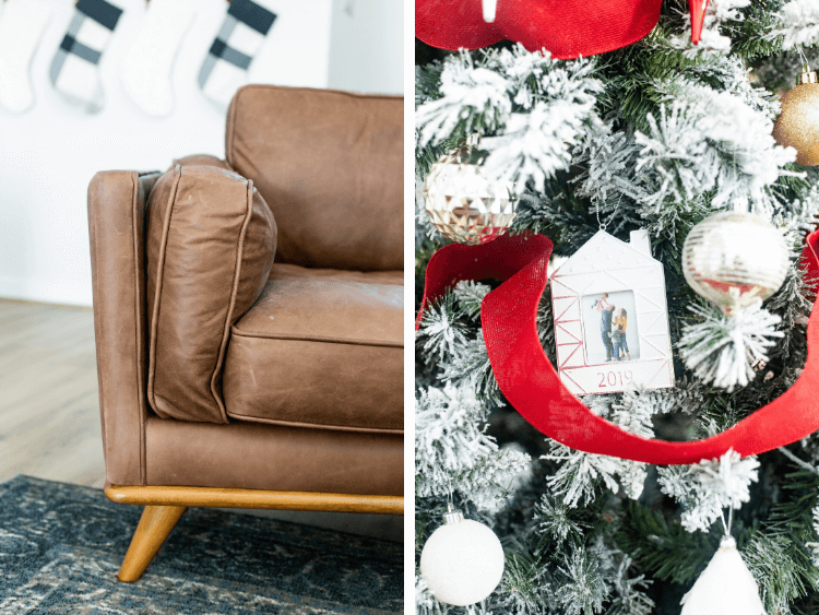 two images collaged - a close up of the Timber Charme leather chair and a close up of a Christmas tree 