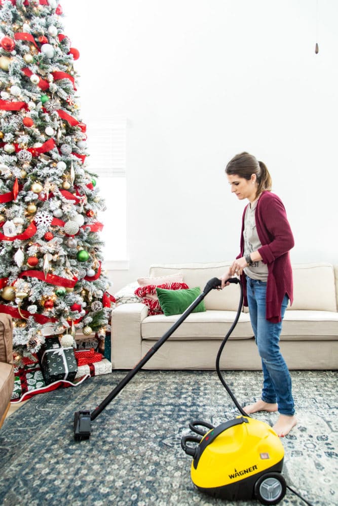 woman cleaning rug using a steamer