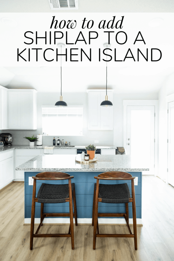 white kitchen with a blue island. Text overlay - how to add shiplap to a kitchen island