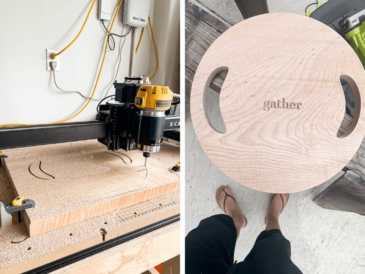 Side by side of X-Carve cutting a design and the finished design