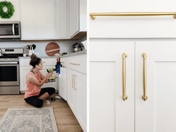 two images - one of a woman drilling a hole in a cabinet drawer and a close up of kitchen cabinet hardware