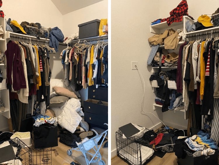 two images of closet before cleanup and makeover 
