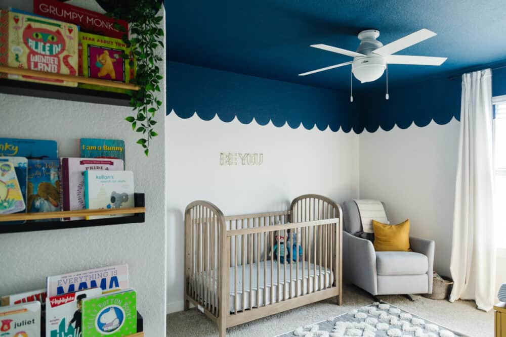 nursery with dark blue ceiling