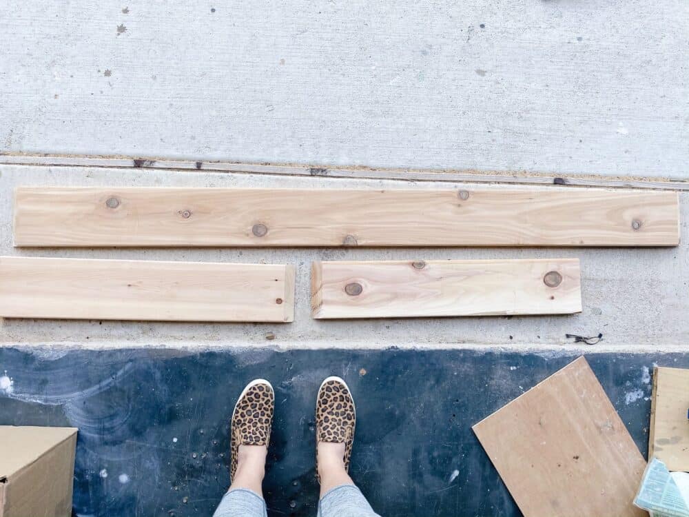 Three pieces of 1x6 cedar cut for outdoor sofa table 