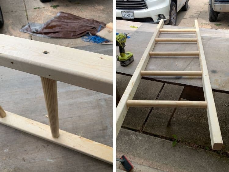 Close up details of how to build a DIY dowel rod blanket ladder 