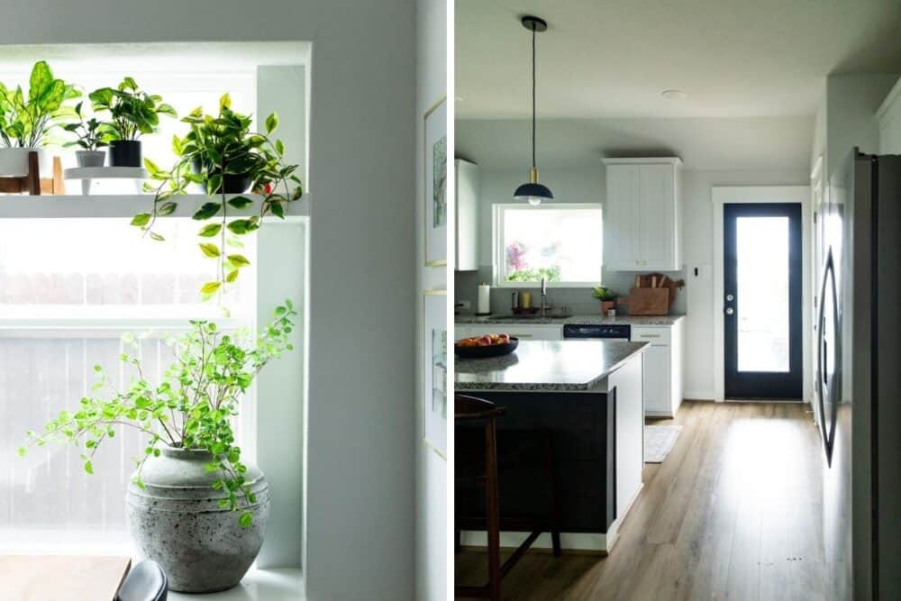 Collage of two close up images of a dining room and kitchen 