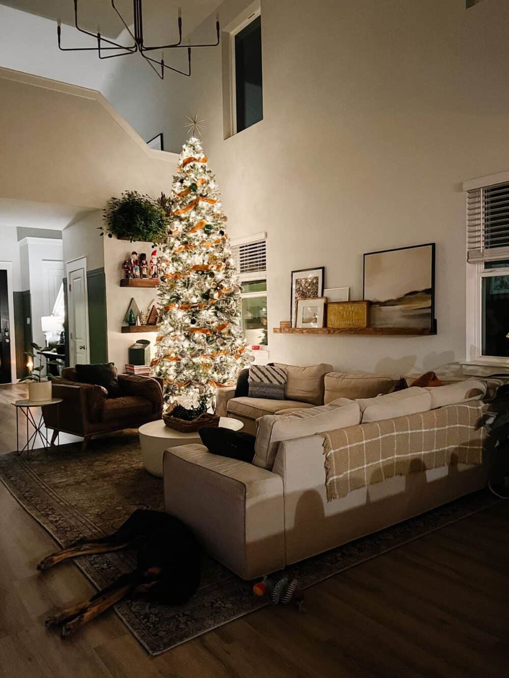 Living room at night decorated for Christmas 
