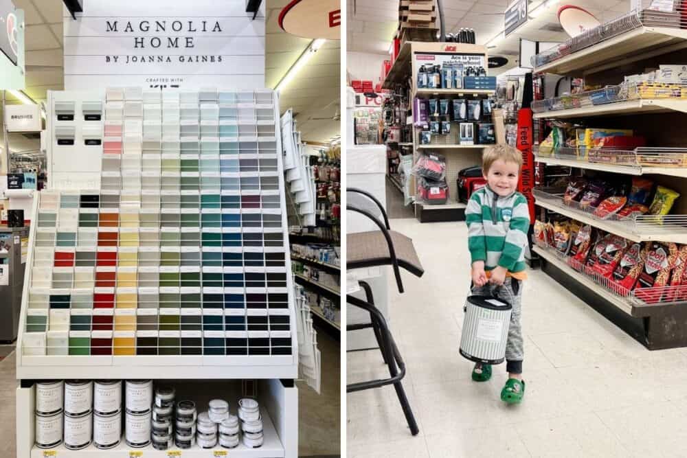 Two images of shopping for Magnolia Home paint at Ace Hardware