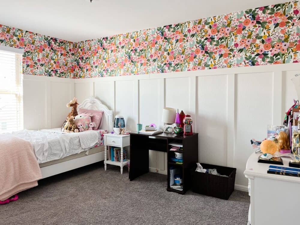 tween girl room with floral wallpaper