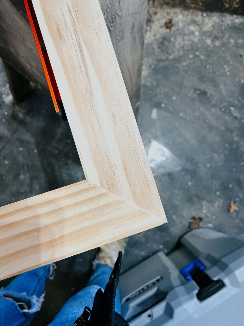 Close up of mitered cut for bathroom mirror frame 