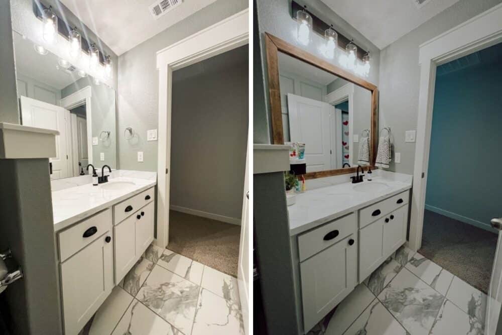 Before and after of framed bathroom mirror