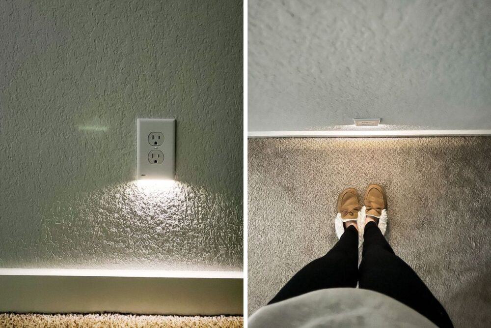 two close up images of a night light outlet 