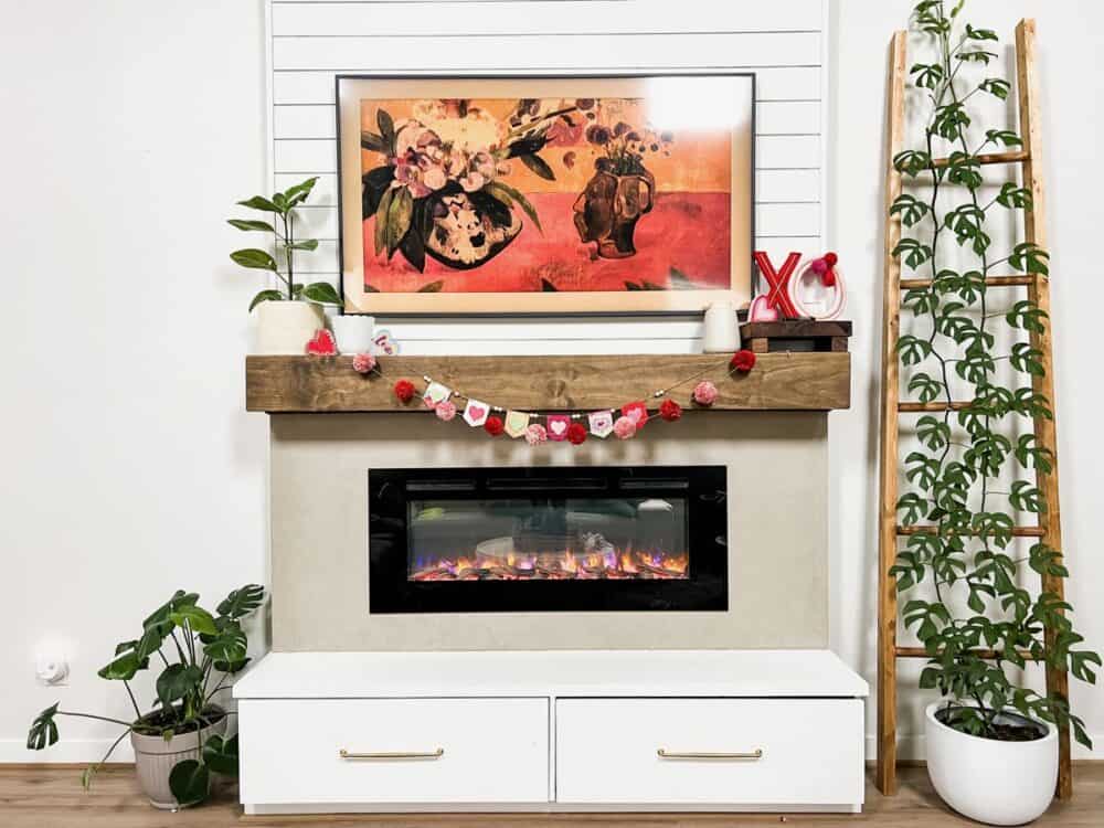 Electric fireplace decorated for Valentine's day