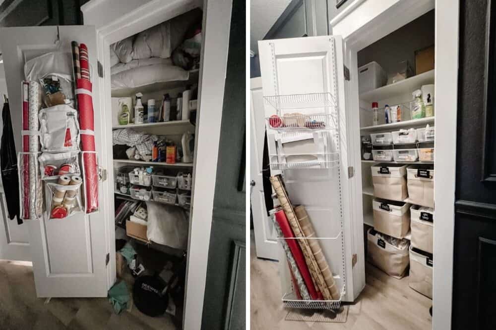 Before and after of linen closet organization