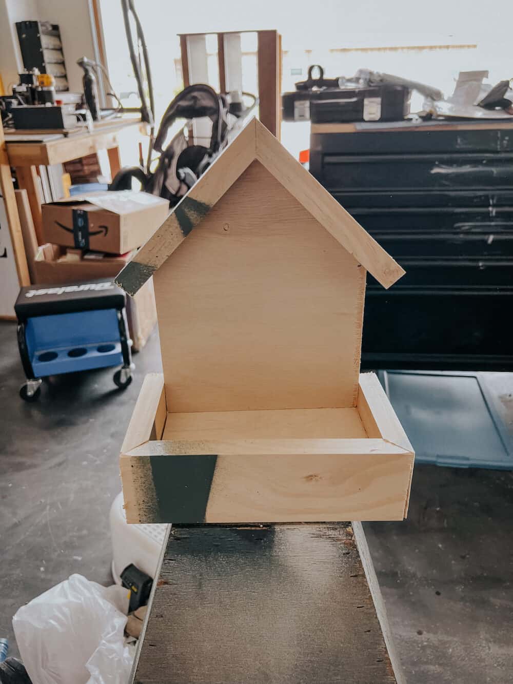 DIY wood bird feeder before painting 