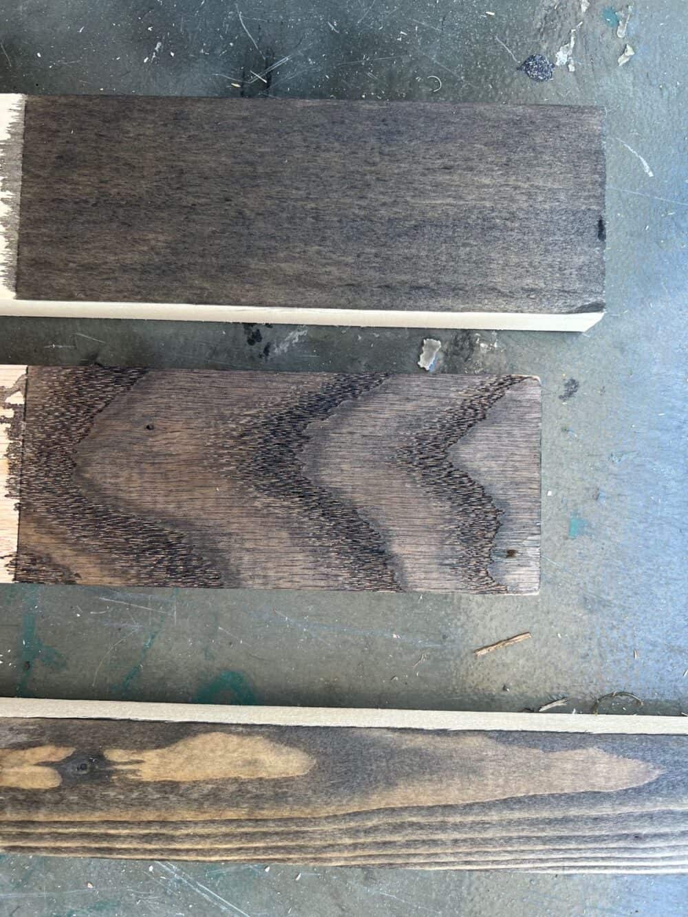 varathane charred wood accelerator on three difference species of wood 