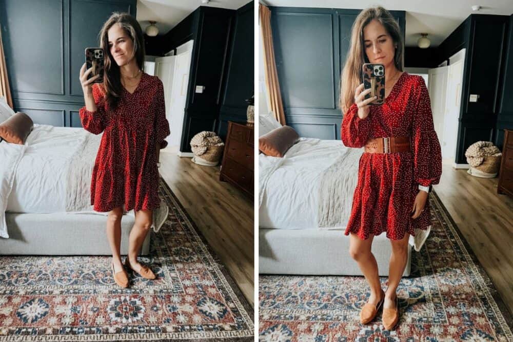 two side by side images of a woman in a maroon dotted long sleeved dress