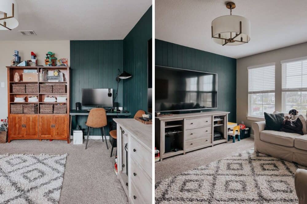 Two side by side images of a family room with green shiplap walls 
