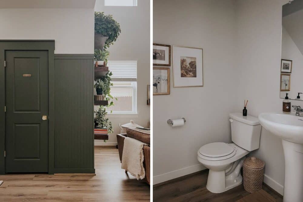 Two images showing the details of a small powder room