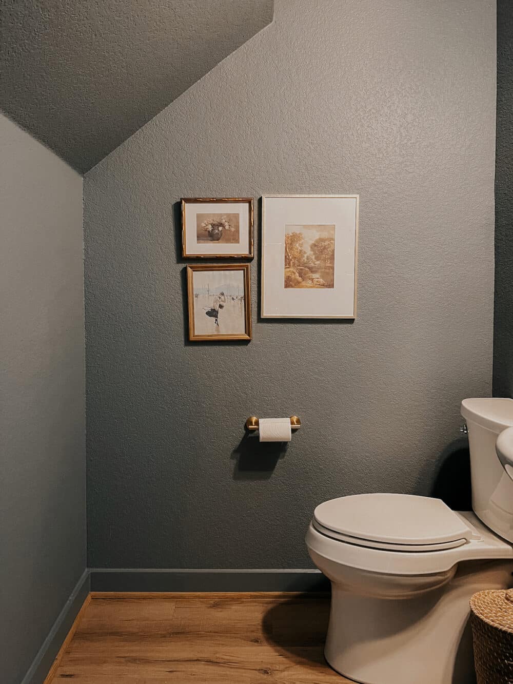 small powder room painted blue 