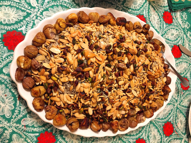 Lebanese Chestnut Turkey Side: Fried Nuts and Ground Beef Rice