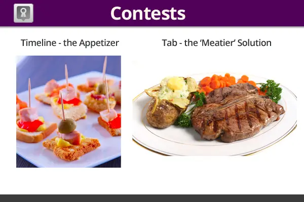timeline contest versus tab contest, appetizer vs full meal
