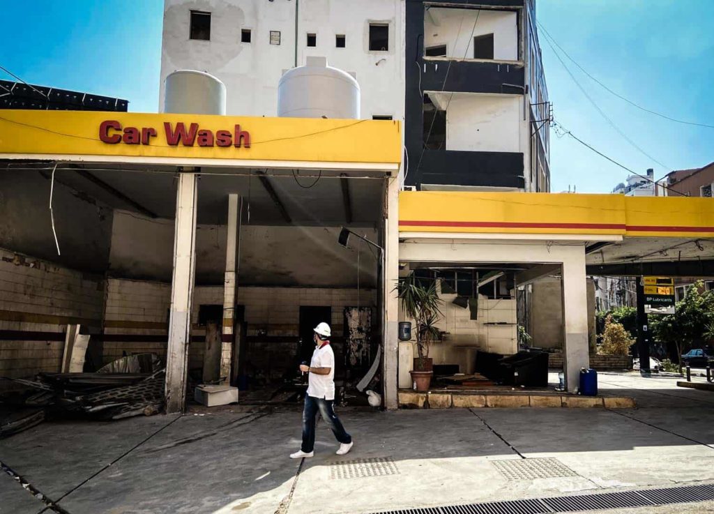 damaged gas station in Beirut, Lebanon