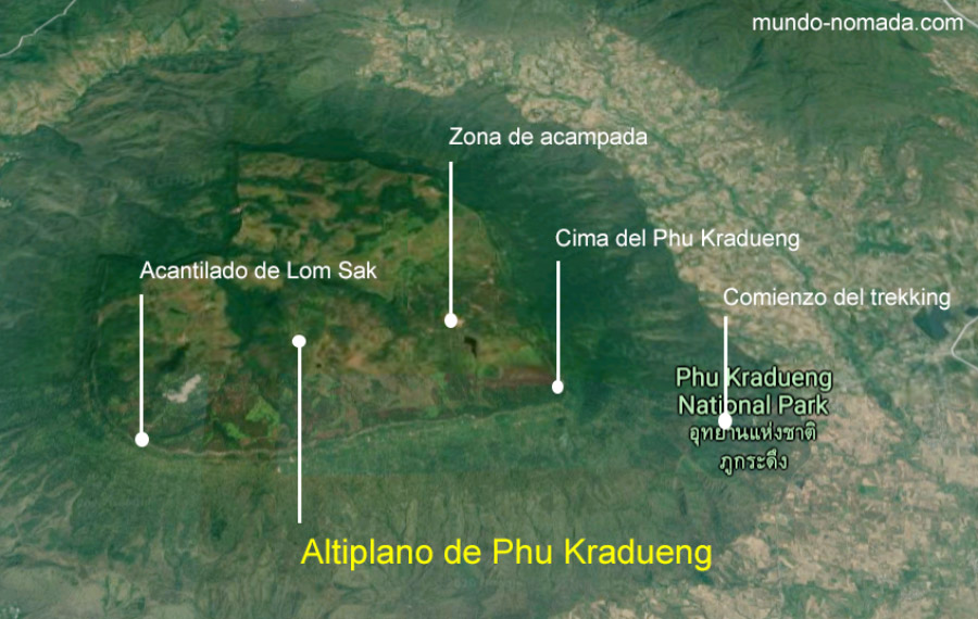 Mapa de Phu Kradueng con los lugares marcados