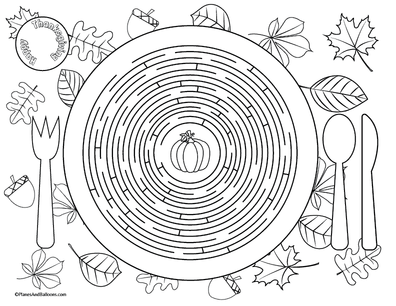 Printable Thanksgiving placemats for kids to solve and color