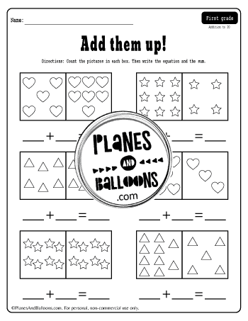 Addition to 20 with pictures of hearts, stars and trianglesto count