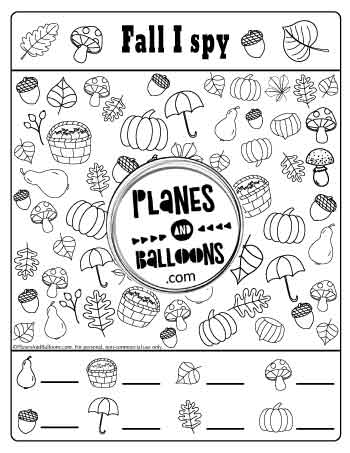 I spy printables with fall pictures of leaves, mushrooms, pumpkins and more