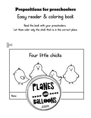 Front page of the prepositions booklet with chicks clipart