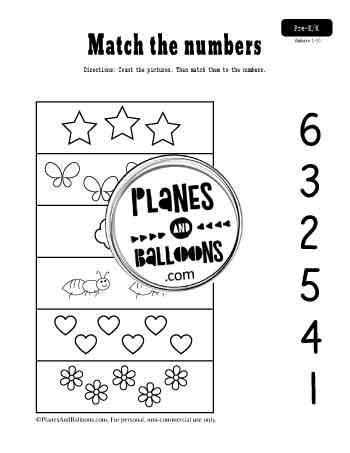 Matching numbers worksheet 1-6 - pictures in boxes to count and match with numbers