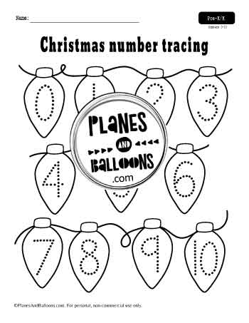 Christmas lights numbers 0-10 tracing worksheet