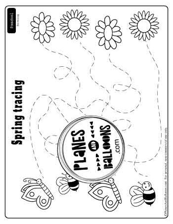 tracing irregular lines worksheet - spring theme with bees, butterflies, and flowers