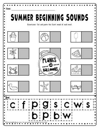 Summer beginning sounds worksheet cut and paste activity