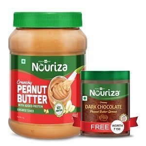 Nouriza High-Protein Natural Peanut Butter with Added Whey Protein, Unsweetened, Crunchy, 1 Kg (Offer- Free 200g Dark Chocolate Peanut Butter)