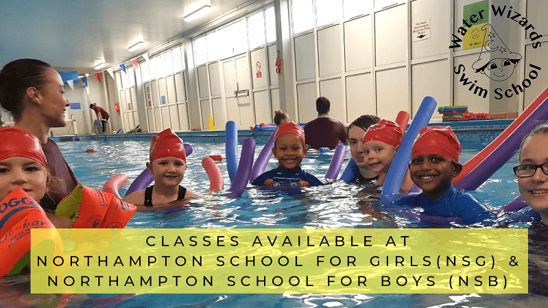 Children smiling and laughing enjoying swimming lessons at Northampton School for Girls (NSG)