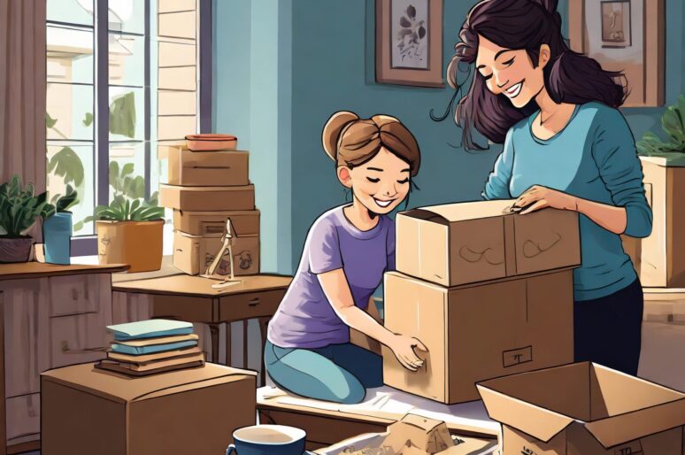 young female packing boxes in his room, moving out from home, his mum helping him get ready