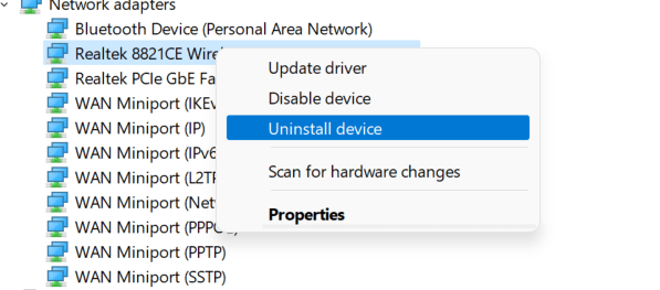 Uninstall device for getting back the WiFi icon on Windows 11