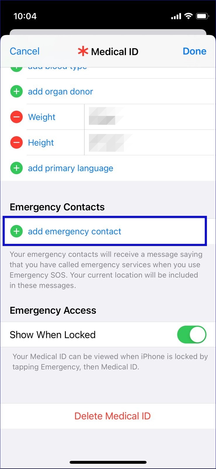 tap add emergency contact on health app