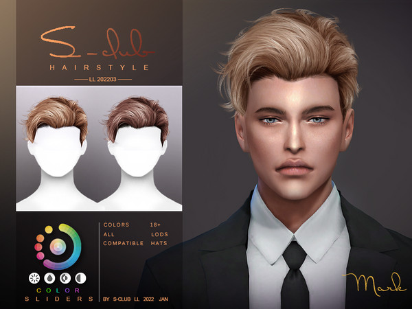 Sims 4 — Men's short hair (Mark) by S-Club by S-Club — Short hair for male adult, includ hat version and work with color