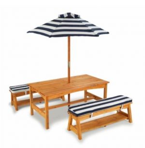 Outdoor Table and Bench Set with Cushions and Umbrella