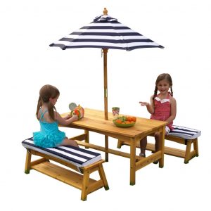 Outdoor Table and Bench Set with Cushions and Umbrella