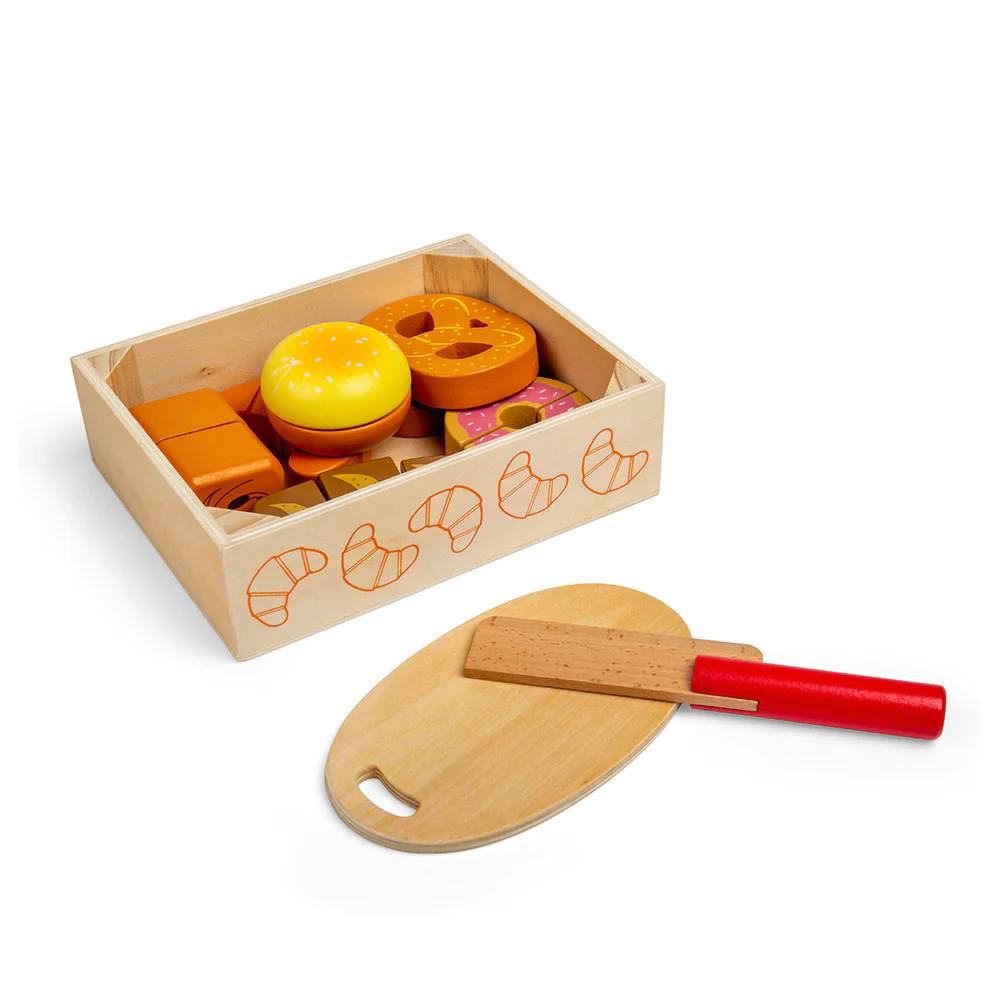 Wooden Shop Role Play Cutting Bread and Pastries Crate by Bigjigs