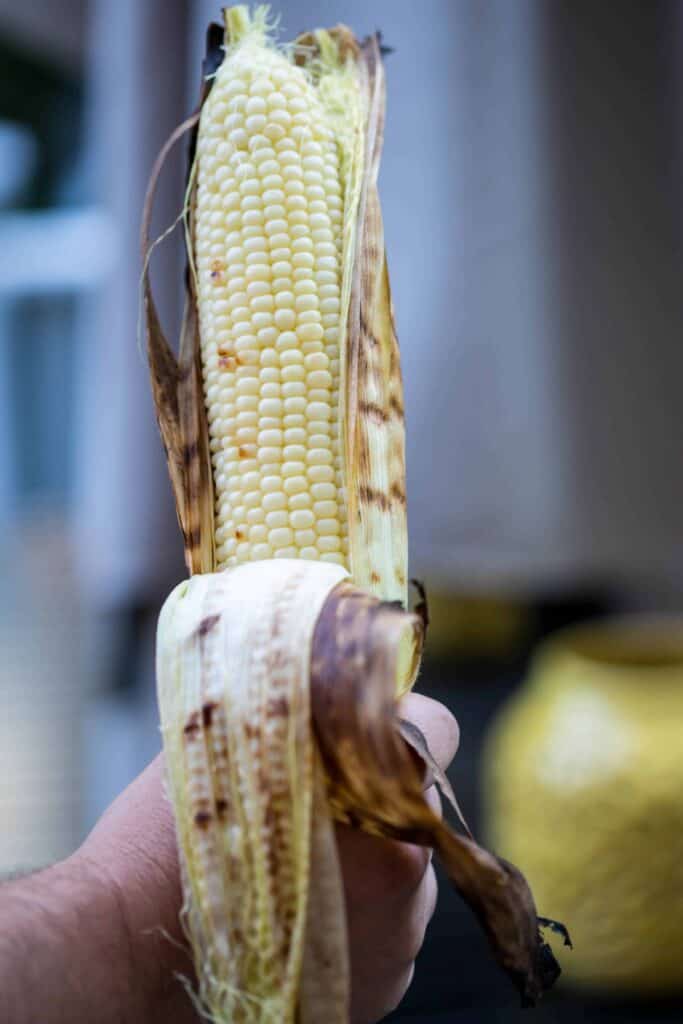 hand holding ear of grilled corn with husk pulled back