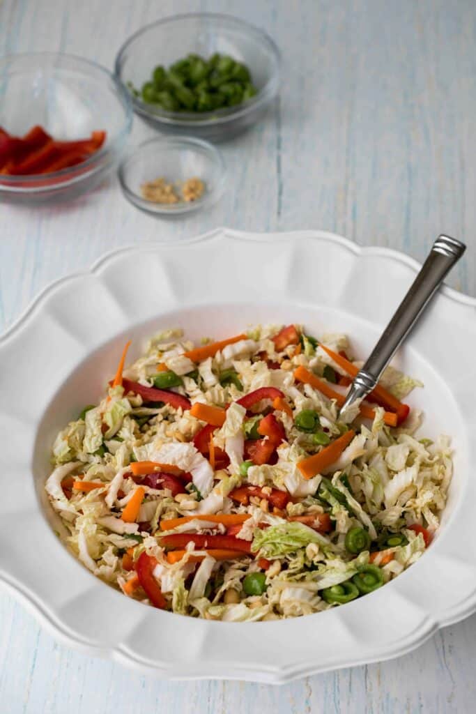 serving bowl of asian cabbage slaw with small bowls of red pepper, snap peas, and peanuts