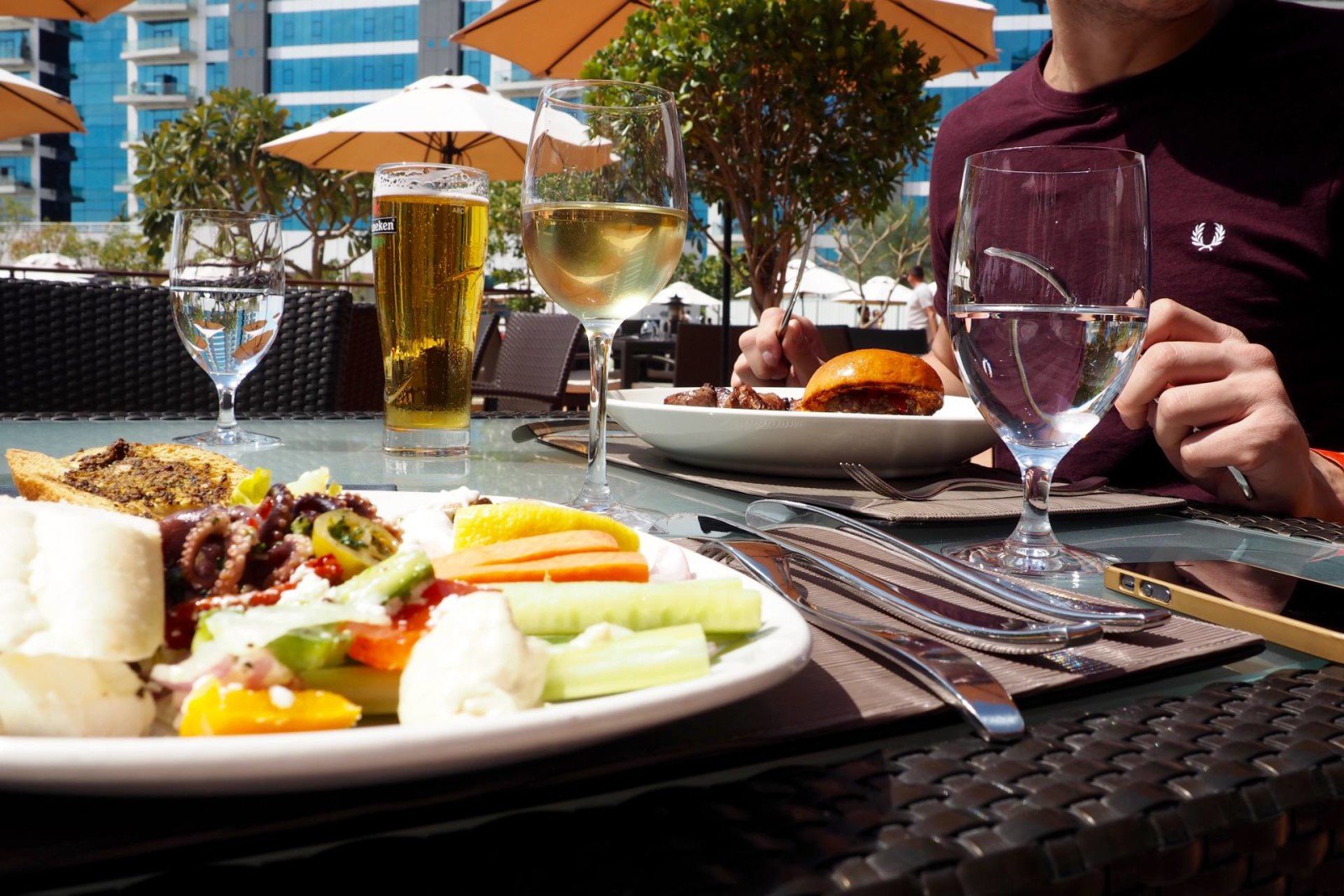 Sun and plate of food at West 14 on the Palm in Dubai