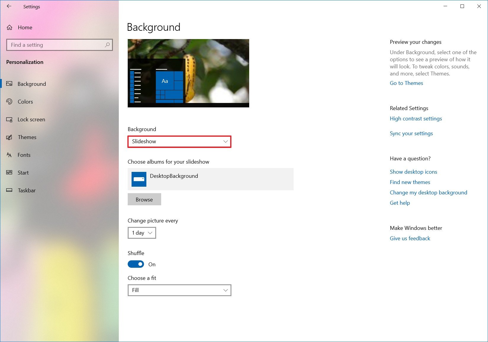 Windows 10 background settings