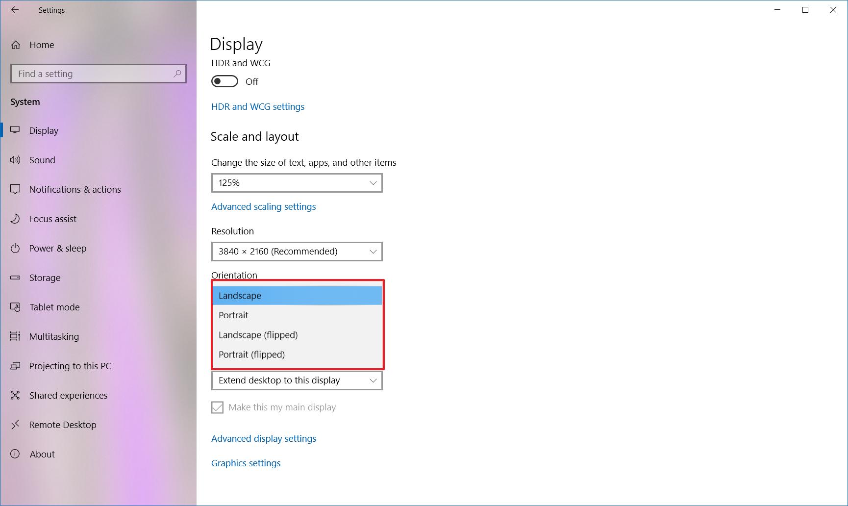 Windows 10 change orientation settings